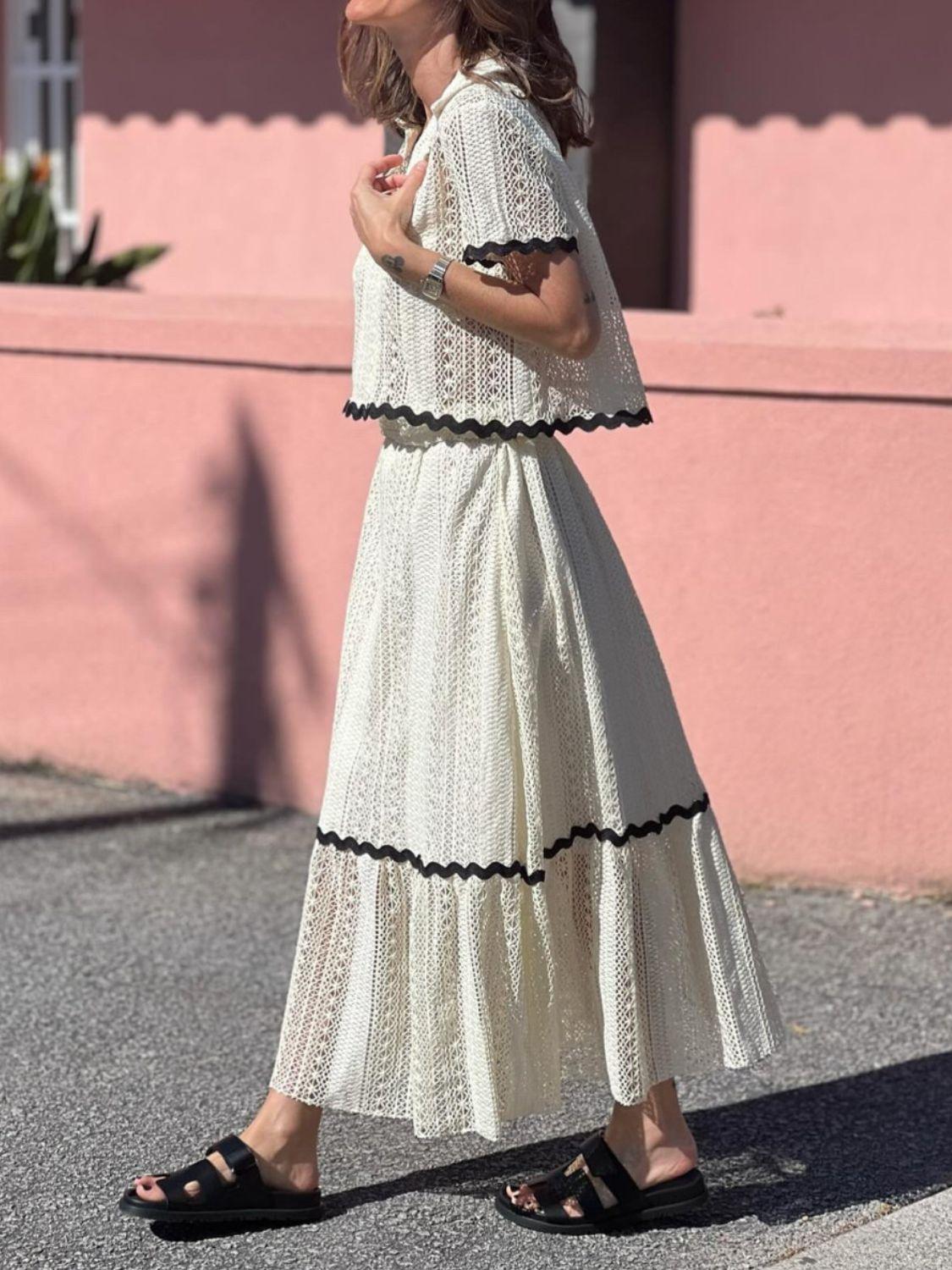 Contrast Trim Openwork Short Sleeve Top and Skirt Set Product Image