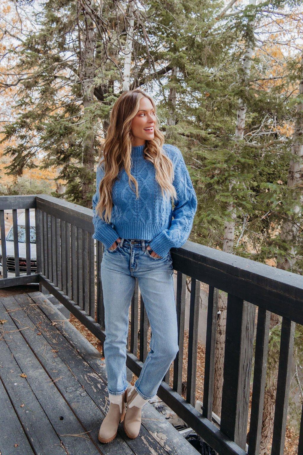 Blue Cable Knit Mock Neck Sweater - FINAL SALE Product Image