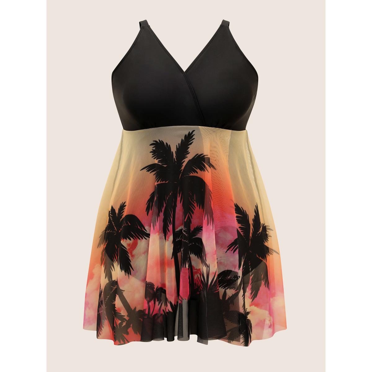 Plus Size Tropical Print Slit Hem See Through Swim Dress Women's Swimwear Multicolor Beach Bodycon Overlap Collar High stretch Curve Swim Dresses BloomChic 12/L Product Image