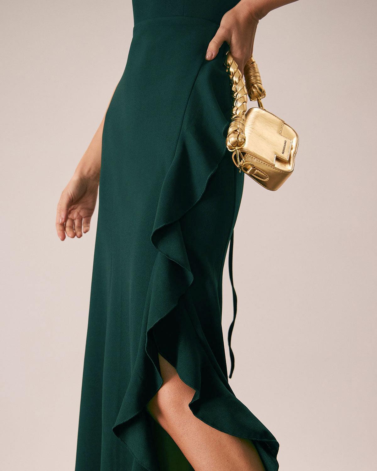 The Green Ruffle Cross Back Strap Maxi Dress Product Image