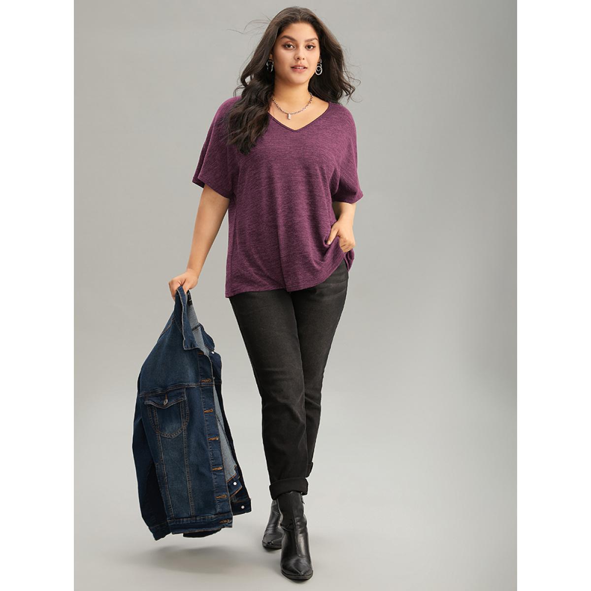 Plus Size Solid Heather V Neck Dolman Sleeve T-shirt DustyPink Women Casual Plain Plain V-neck Everyday T-shirts BloomChic 28/5X Product Image