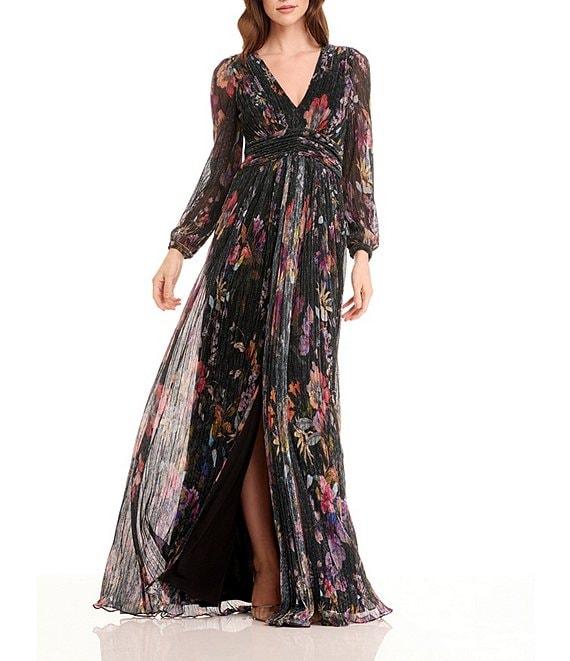Dress the Population Pauline Metallic Floral Plunge V-Neck Long Sleeve Side Slit Gown Product Image