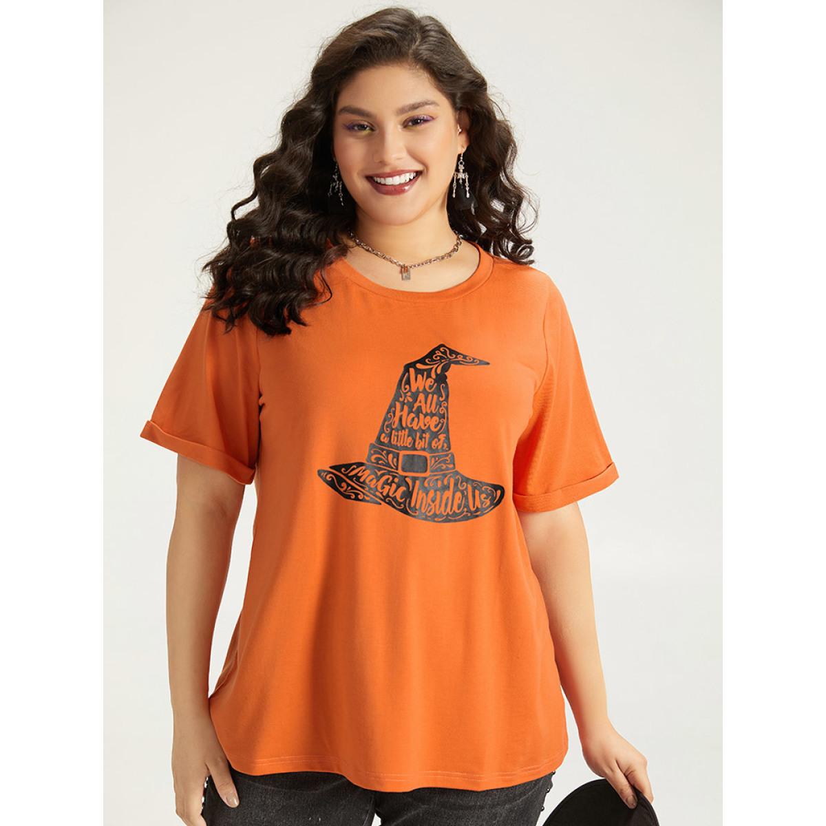 Plus Size Halloween Graphic Roll Sleeve Crew Neck T-shirt OrangeRed Women Casual Printed Halloween Festival-Halloween T-shirts BloomChic 30/6X Product Image