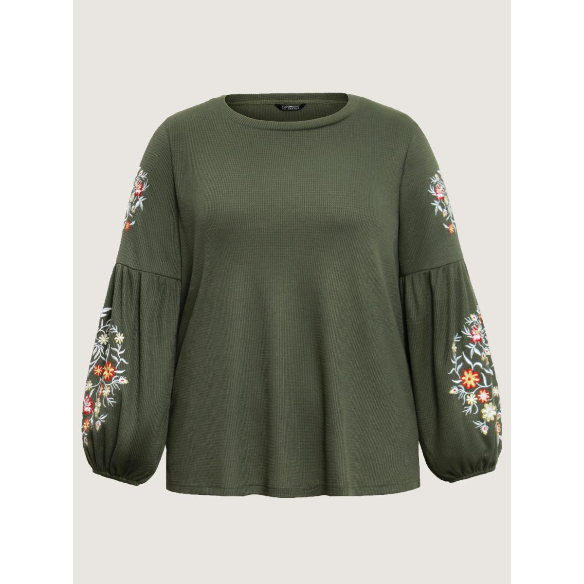 Plus Size Waffle Knit Floral Embroidered Lantern Sleeve T-shirt ArmyGreen Women Leisure Texture Floral Round Neck Casual T-shirts BloomChic 14-16/1X Product Image