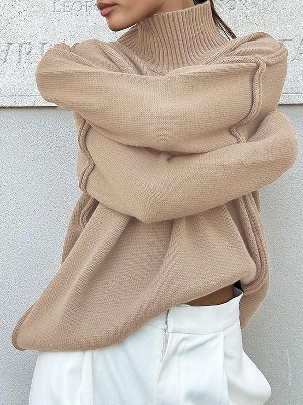 Long Sleeves Loose Solid Color Split-Joint High Neck Pullovers Sweater Tops Product Image