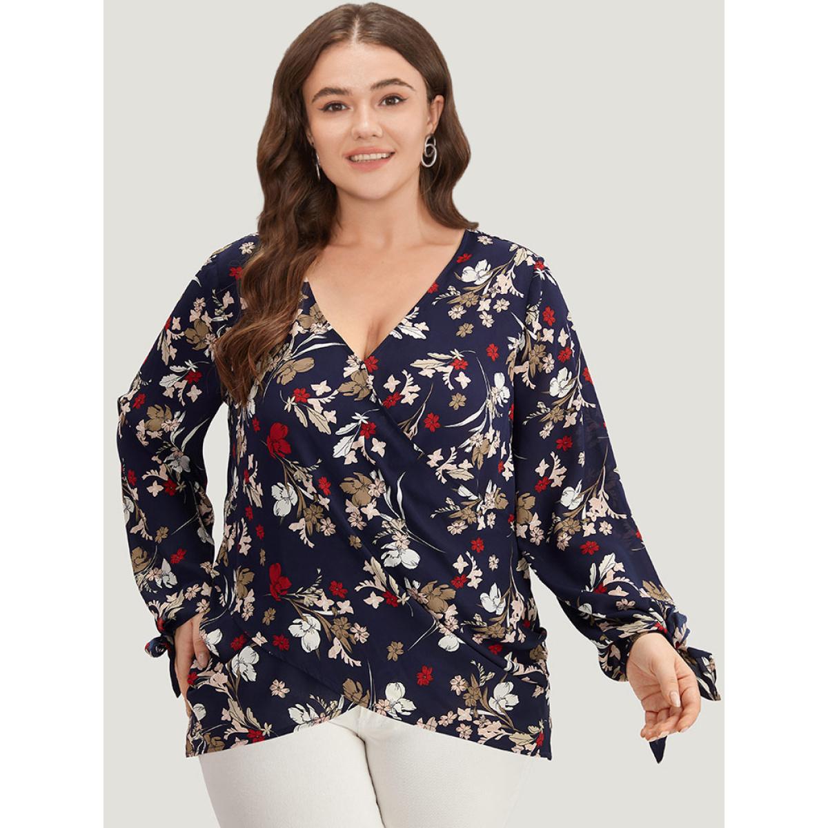 Plus Size Indigo Floral V Neck Wrap Twist Sleeve Blouse Women Elegant Long Sleeve V-neck Dailywear Blouses BloomChic 26/4X Product Image
