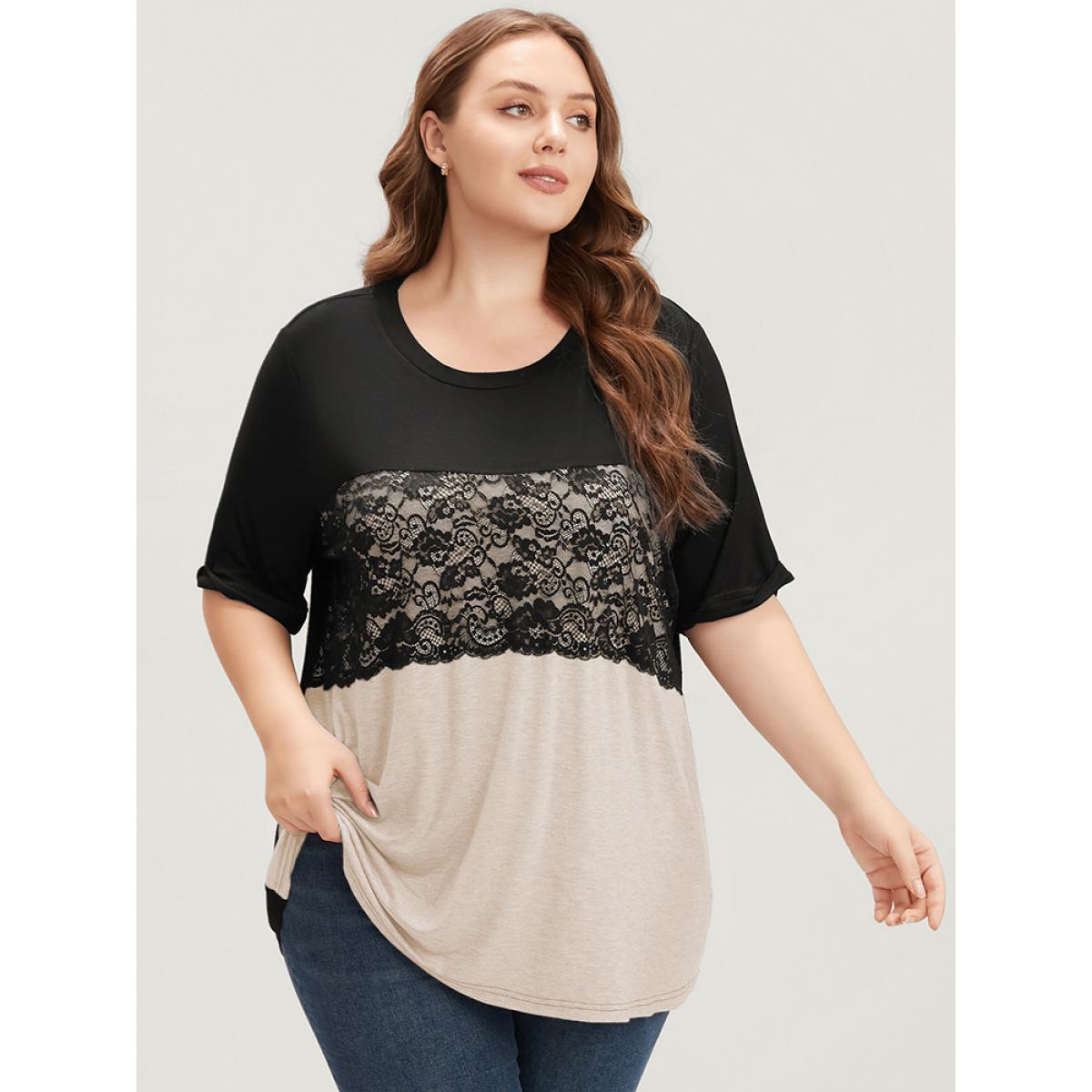 Plus Size Colorblock Contrast Round Neck Lace Insert T-shirt Tan Women Elegant Contrast Colorblock Round Neck Dailywear T-shirts BloomChic 14-16/1X Product Image