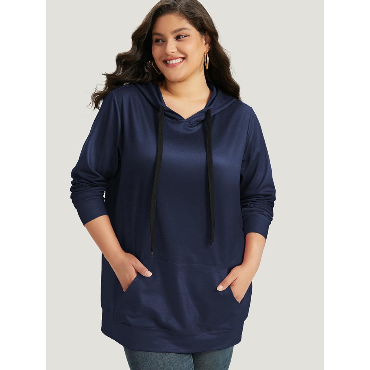 Plus Size Ombre Pocket Drawstring Hooded Sweatshirt Women DarkBlue Leisure Elastic cuffs Hooded Casual Sweatshirts BloomChic 14-16/1X Product Image