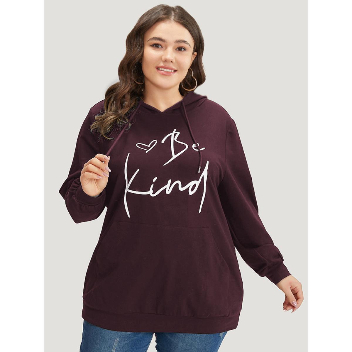 Plus Size Letter Print Pocket Drawstring Hooded Sweatshirt Women Burgundy Casual Elastic cuffs Dailywear Sweatshirts BloomChic 30/6X Product Image