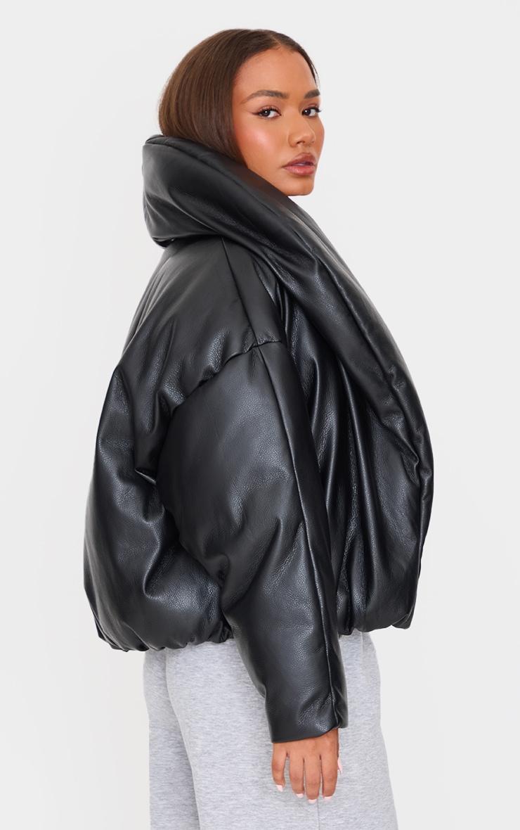 Petite Black Exaggerated Collar PU Puffer Coat Product Image
