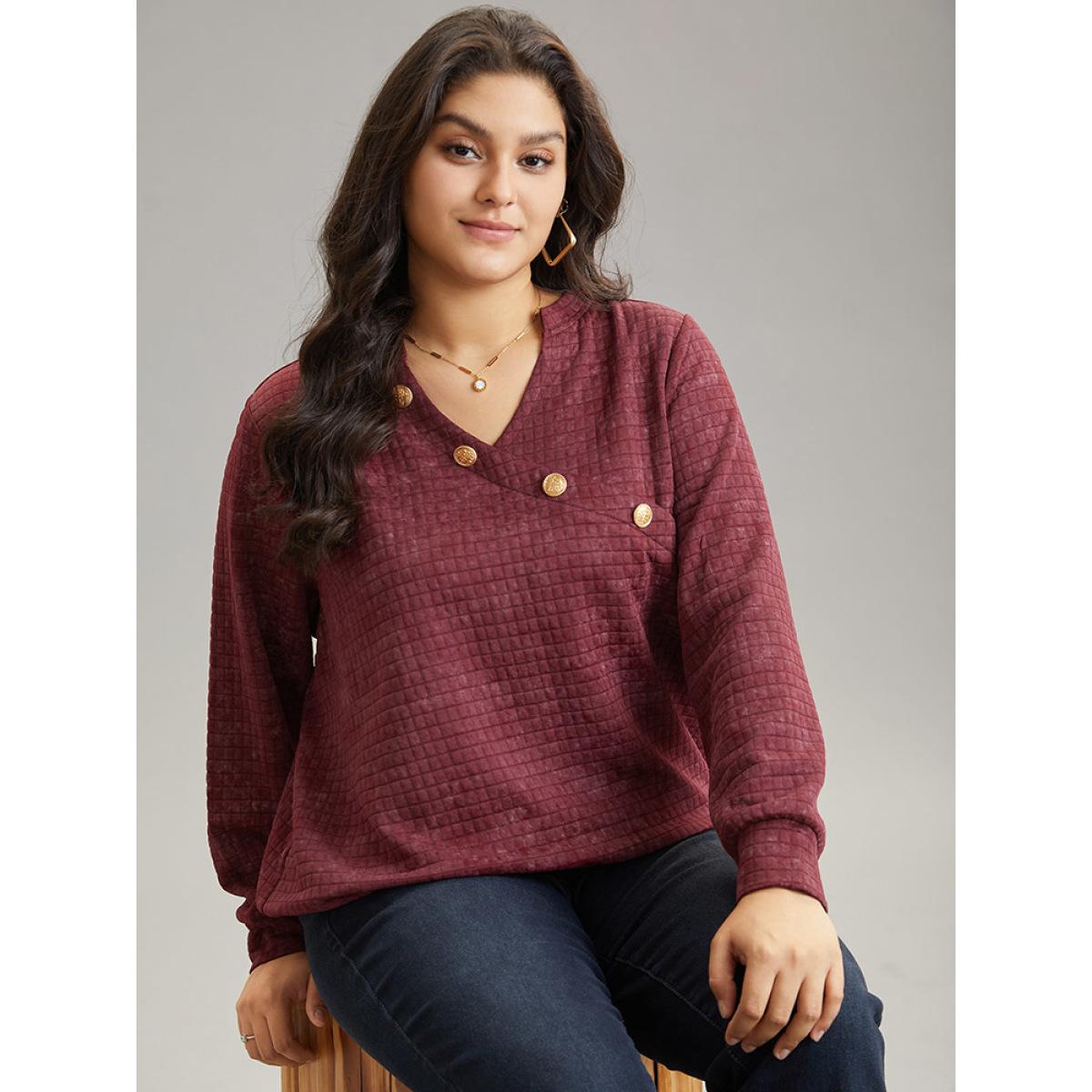 Plus Size Plain Textured Notched Button Detail Sweatshirt Women Burgundy Casual Texture Notched collar Dailywear Sweatshirts BloomChic 18-20/2X Product Image