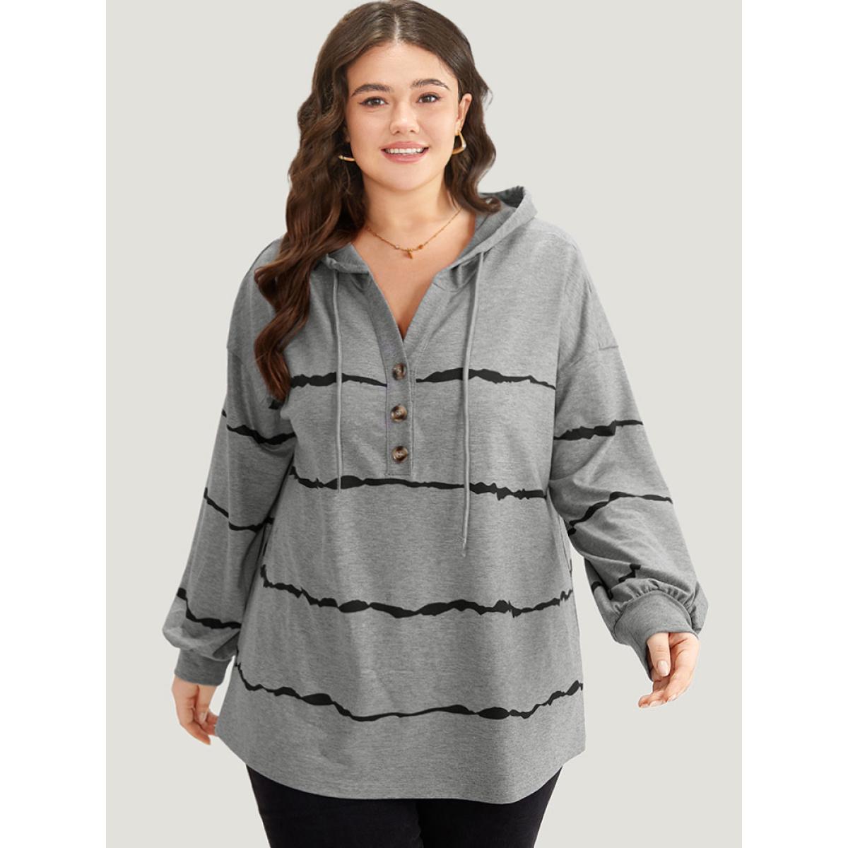 Plus Size Striped Drawstring Hooded Button Up Sweatshirt Women Gray Casual Elastic cuffs Hooded Dailywear Sweatshirts BloomChic 12/L Product Image