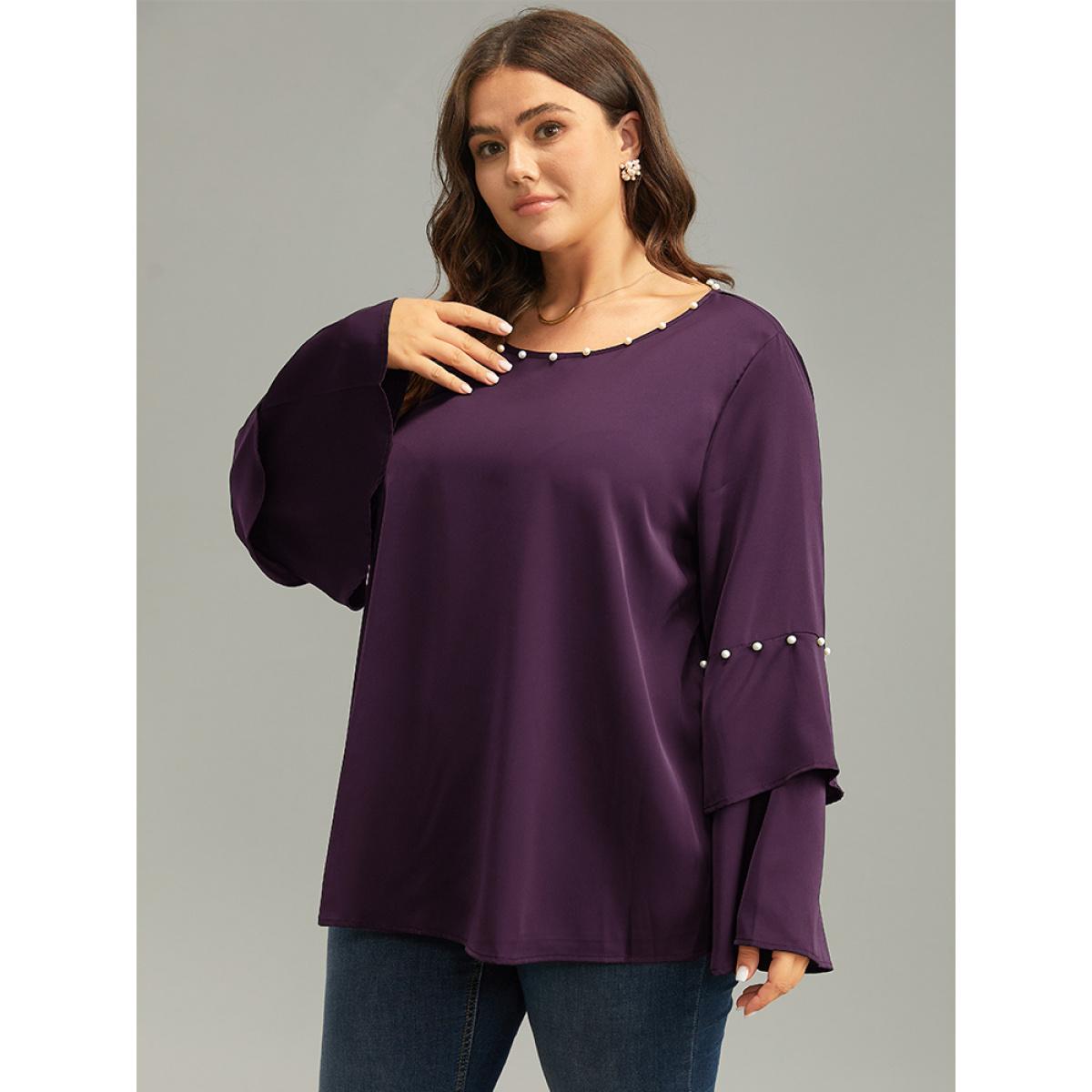 Plus Size Purple Anti-Wrinkle Pearl Beaded Ruffle Layered Sleeve Blouse Women Glamour Long Sleeve Round Neck Going out Blouses BloomChic 30/6X Product Image