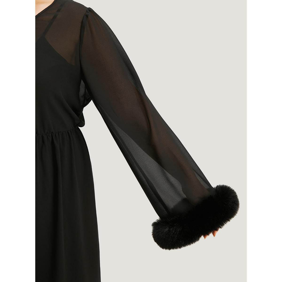 Plus Size Halloween Patchwork Chiffon Mesh Button Up Fuzzy Trim Dress Black Women Elegant Plain V-neck Long Sleeve Curvy Midi Dress BloomChic 18-20/2X Product Image