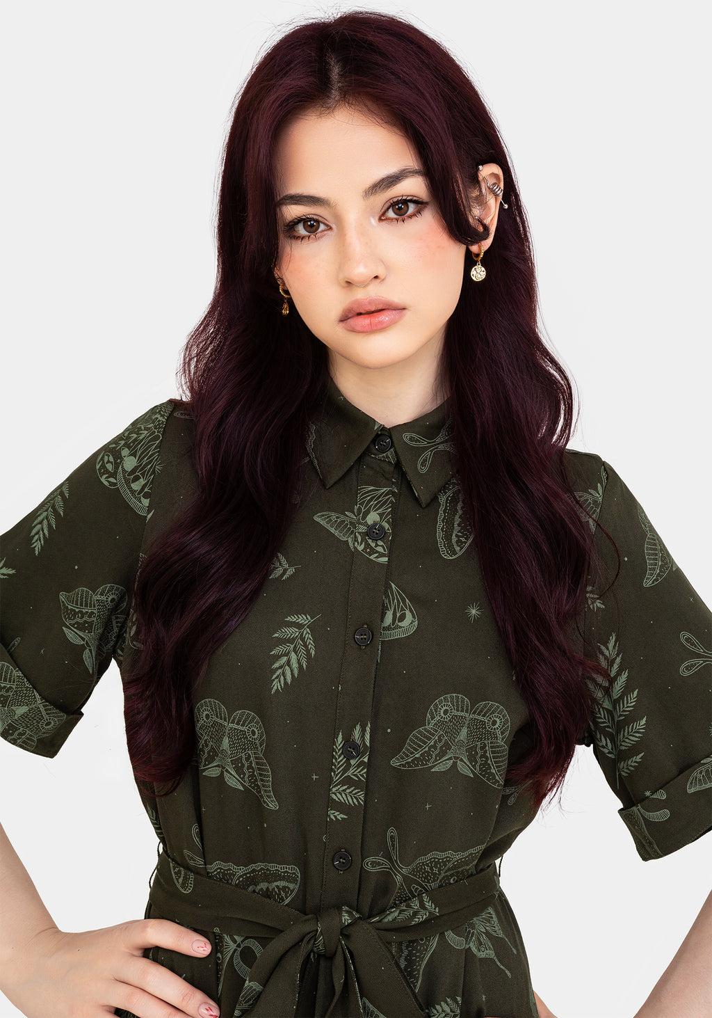 Callopistria Moth Print Mini Shirt Dress - Green Product Image