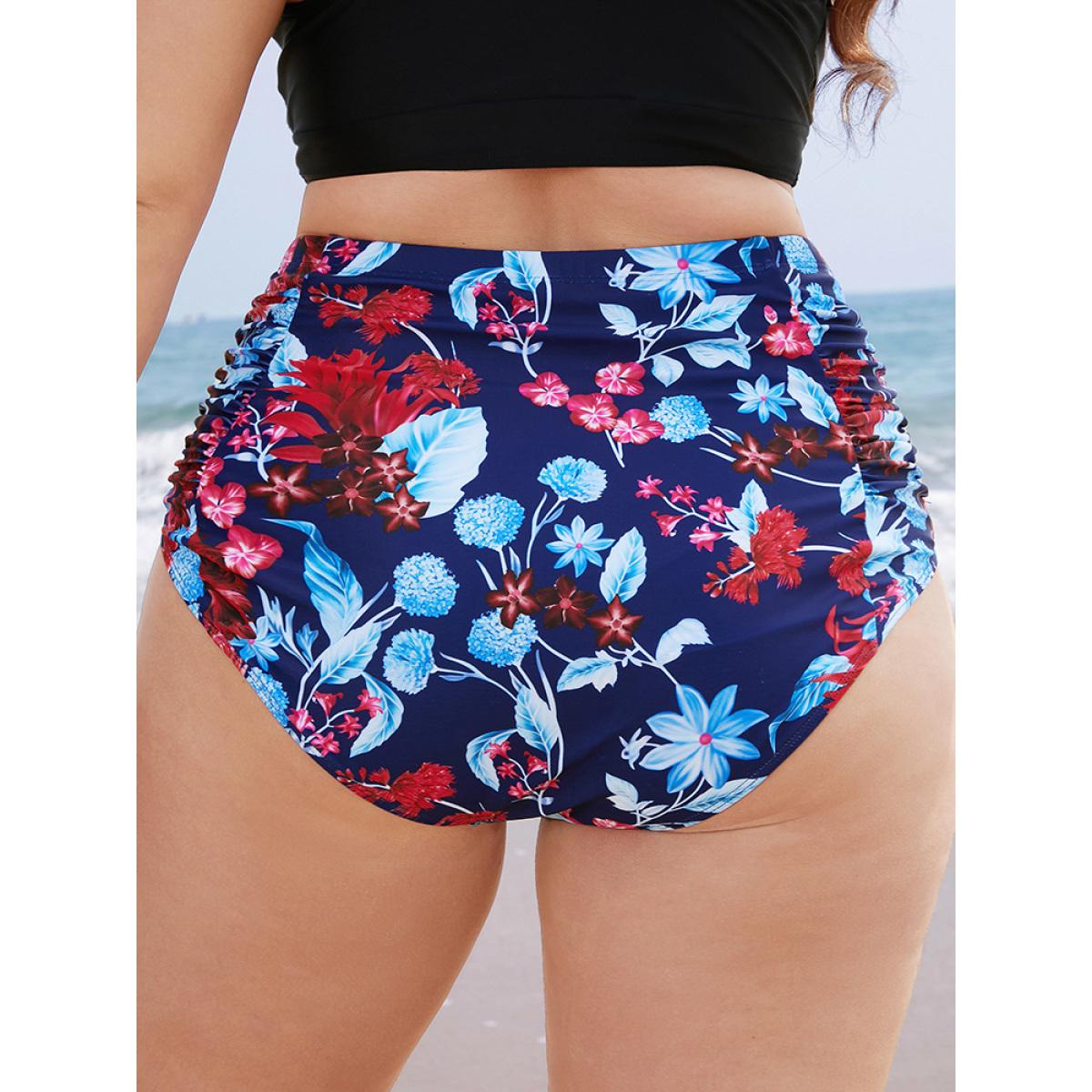Plus Size Tropical Print Gathered High Waist Swim Bottom Women's Swimwear Indigo Vacation Gathered High stretch Skinny High Rise Curve Swim Bottoms BloomChic 14-16/1X Product Image