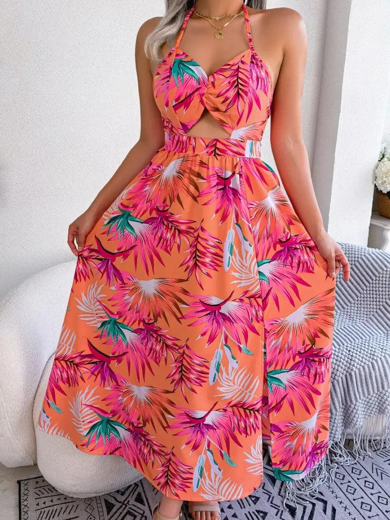 Orange Cut-Out Beach Halter Long Dress Product Image
