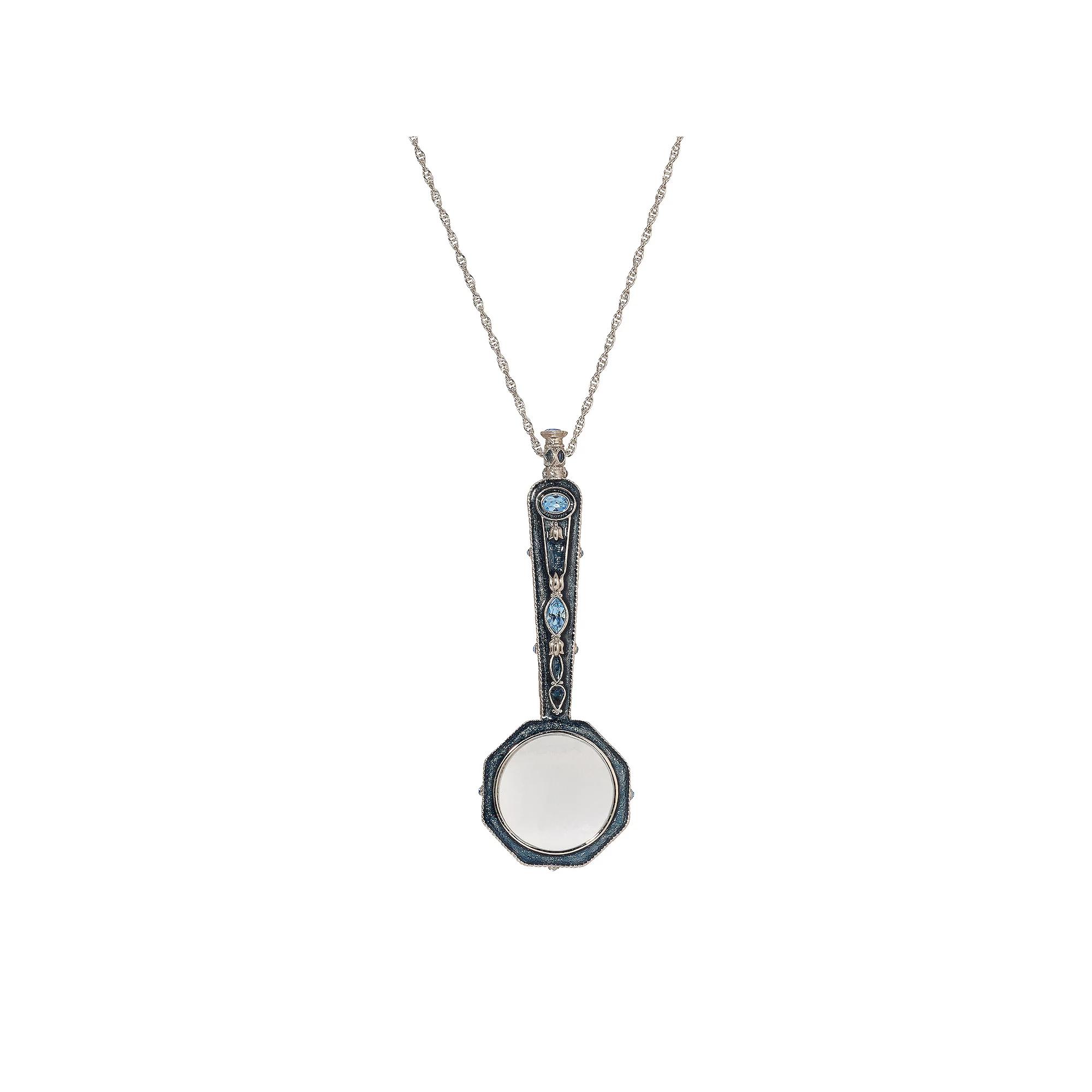 1928 Silver Tone Blue Enamel Magnifying Glass Necklace, Womens Product Image