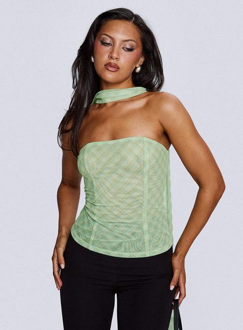 No Comparison Neck Tie Strapless Top Green Check Product Image