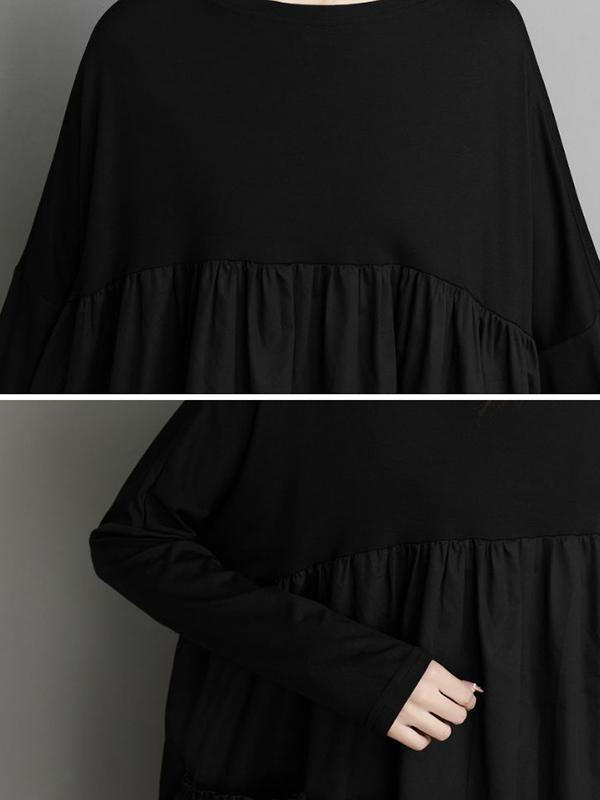 Simple Loose Black Split-Joint Long Sleeves Midi Dress Product Image