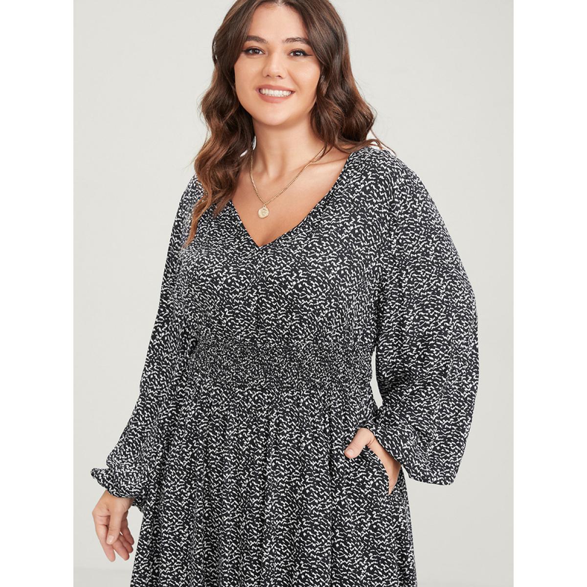 Plus Size Geometric Pocket Lantern Sleeve Shirred Midi Dress Midnight Women Elegant Elastic Waist V-neck Long Sleeve Curvy Midi Dress BloomChic 10/M Product Image