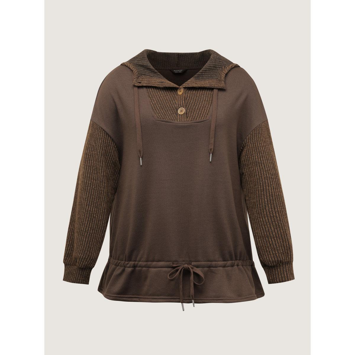 Plus Size Drawstring Mixed Material Button Hoodie Women DarkBrown Leisure Texture Hooded Casual Sweatshirts BloomChic 18-20/2X Product Image