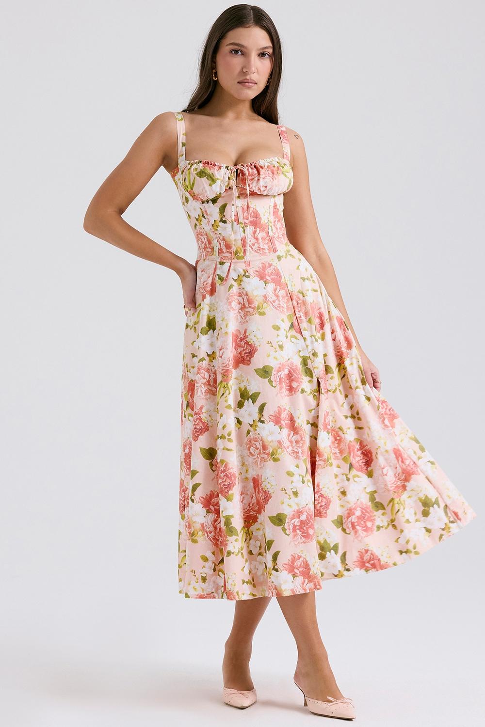 Carmen  pink peony print cotton bustier sundress Product Image