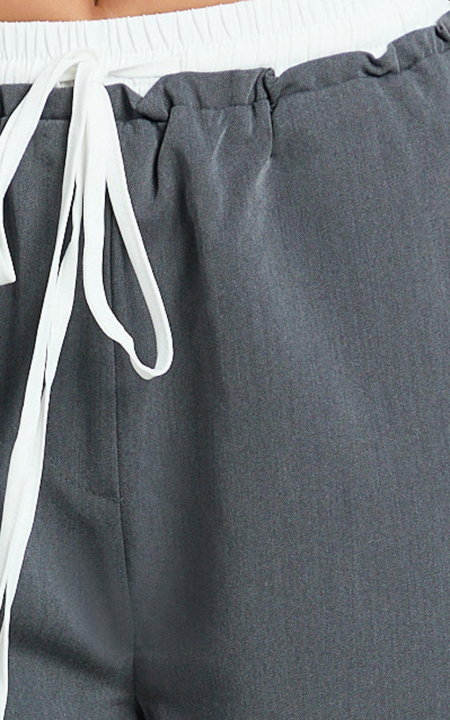 Maliha Pants - Mid Rise Contrast Elasticated Drawstring Wide Leg Tailored Pants in Charcoal Product Image