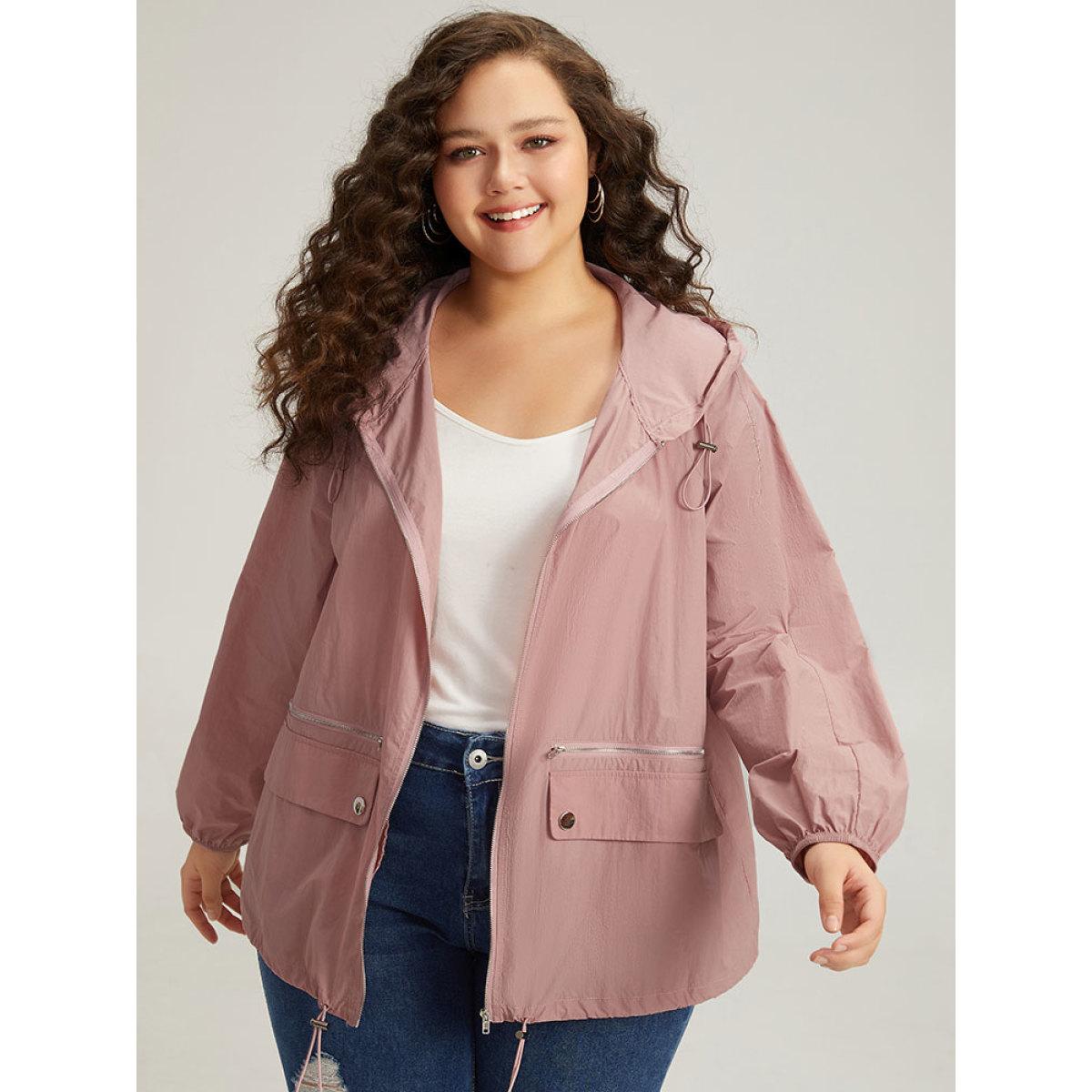 Plus Size Plain Hooded Pocket Zipper Fly Drawstring Jacket Women Rouge Plain Pocket Dailywear Jackets BloomChic 14-16/1X Product Image
