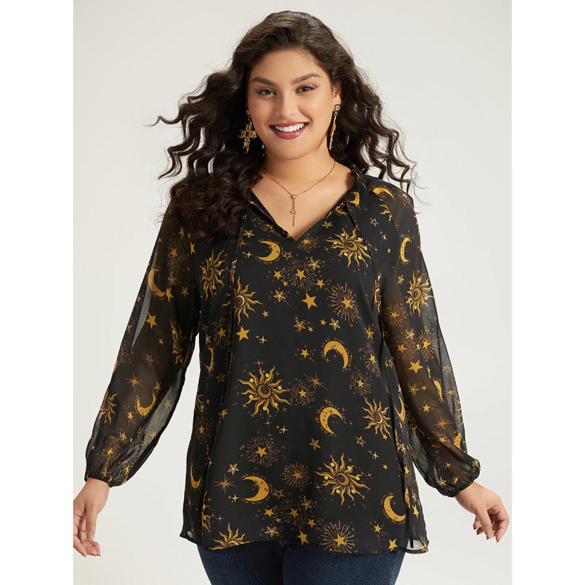 Plus Size Black Halloween Moon & Star Print Tie Neck Mesh Lantern Sleeve Blouse Women Elegant Long Sleeve Tie Neck Festival-Halloween Blouses BloomChic 22-24/3X Product Image