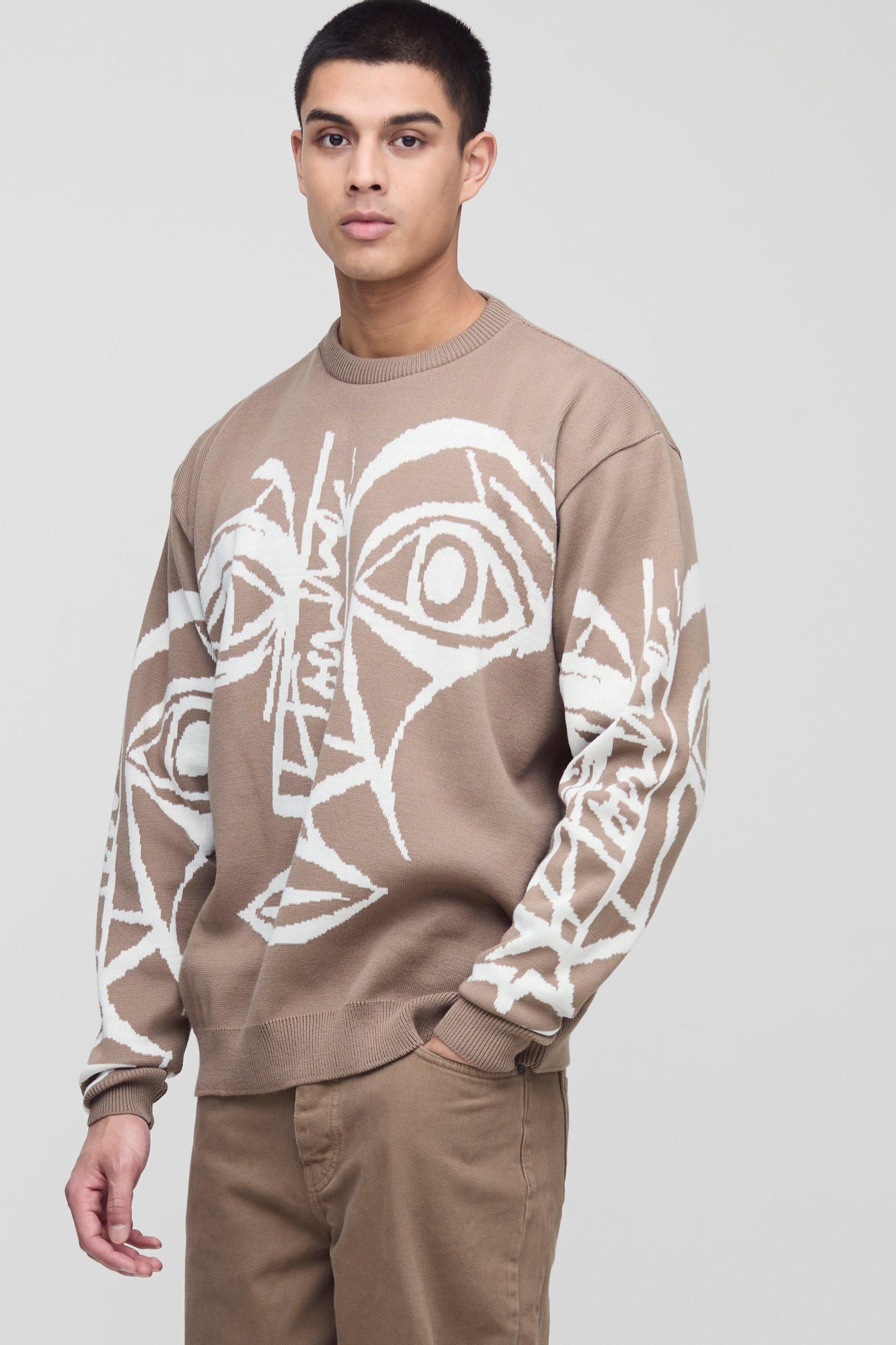 Tall Oversized Boxy Abstract Line Face Knitted Sweater | boohooMAN USA Product Image