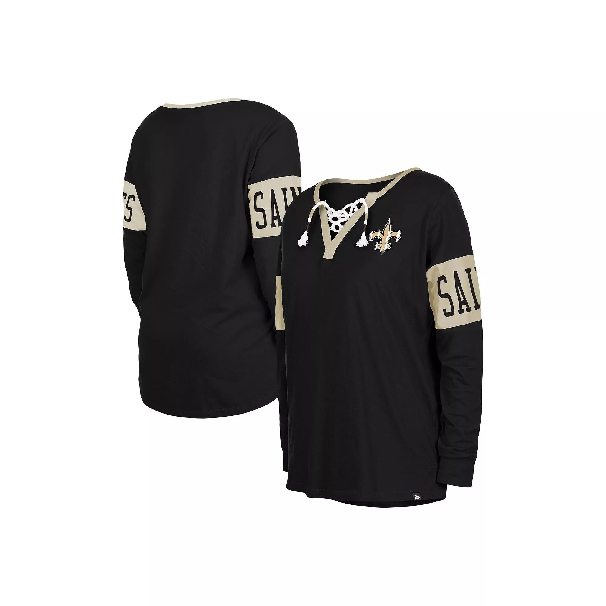 Women's New Era Black New Orleans Saints Lace-Up Notch Neck Long Sleeve T-Shirt, Size: XS Product Image
