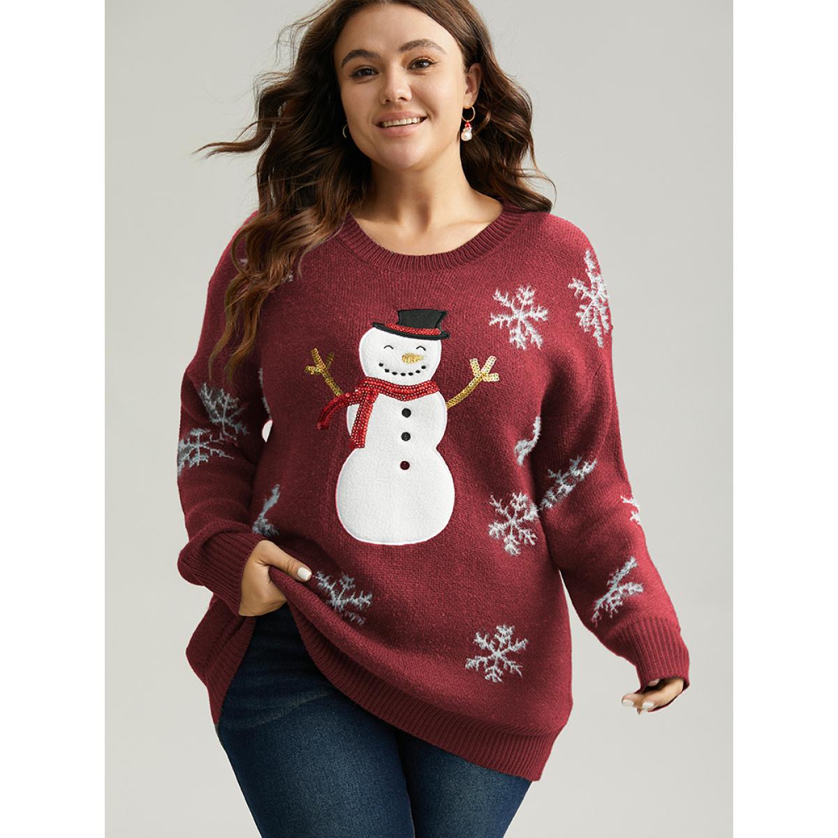 Plus Size Sequin Christmas Graphic Drop Shoulder Pullover Burgundy Women Casual Loose Long Sleeve Round Neck Festival-Christmas Pullovers BloomChic 14-16/1X Product Image