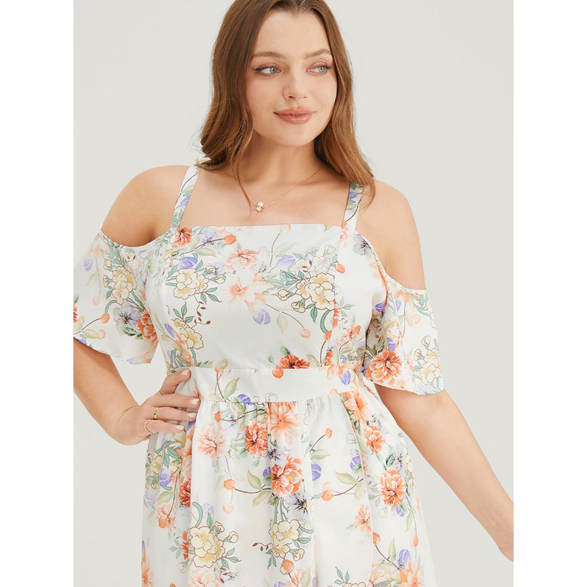 Plus Size Floral Print Cold Shoulder Pocket Split Ruffle Trim Dress WhiteSmoke Women Elegant Adjustable Straps Cold Shoulder Short sleeve Curvy Midi Dress BloomChic 30/6X Product Image