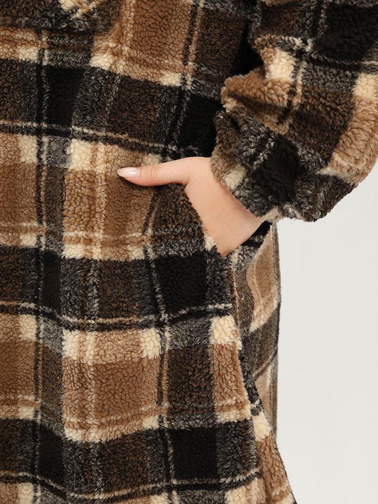 Plaid Flap Pocket Button Up Teddy Coat Female Product Image