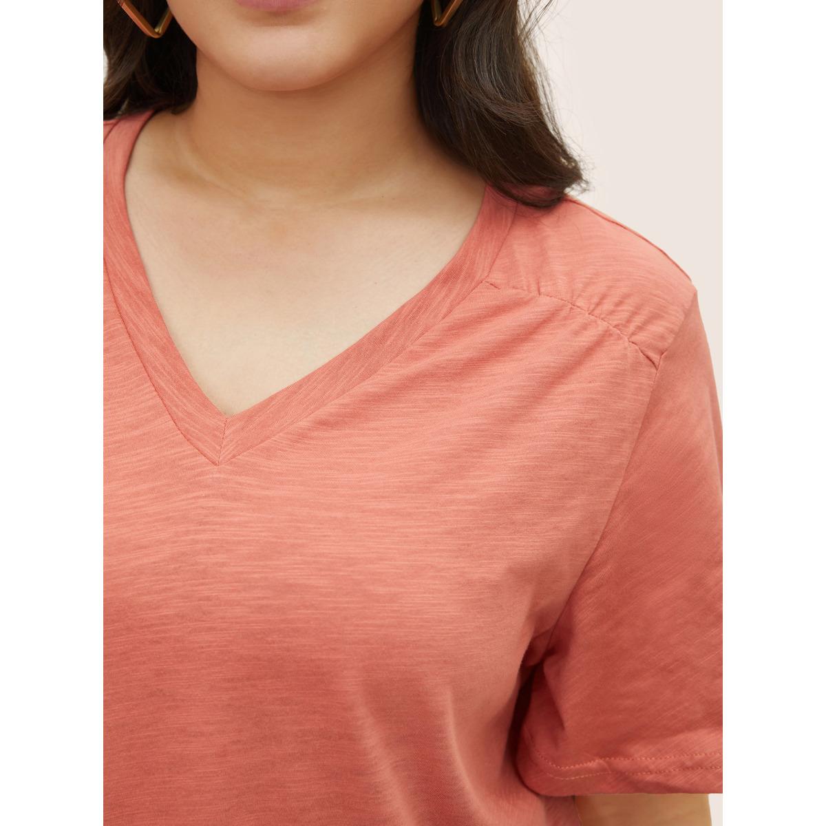Plus Size Plain Ruffle Sleeve Heather V Neck T-shirt Rust Women Casual Plain V-neck Everyday T-shirts BloomChic 26/4X Product Image