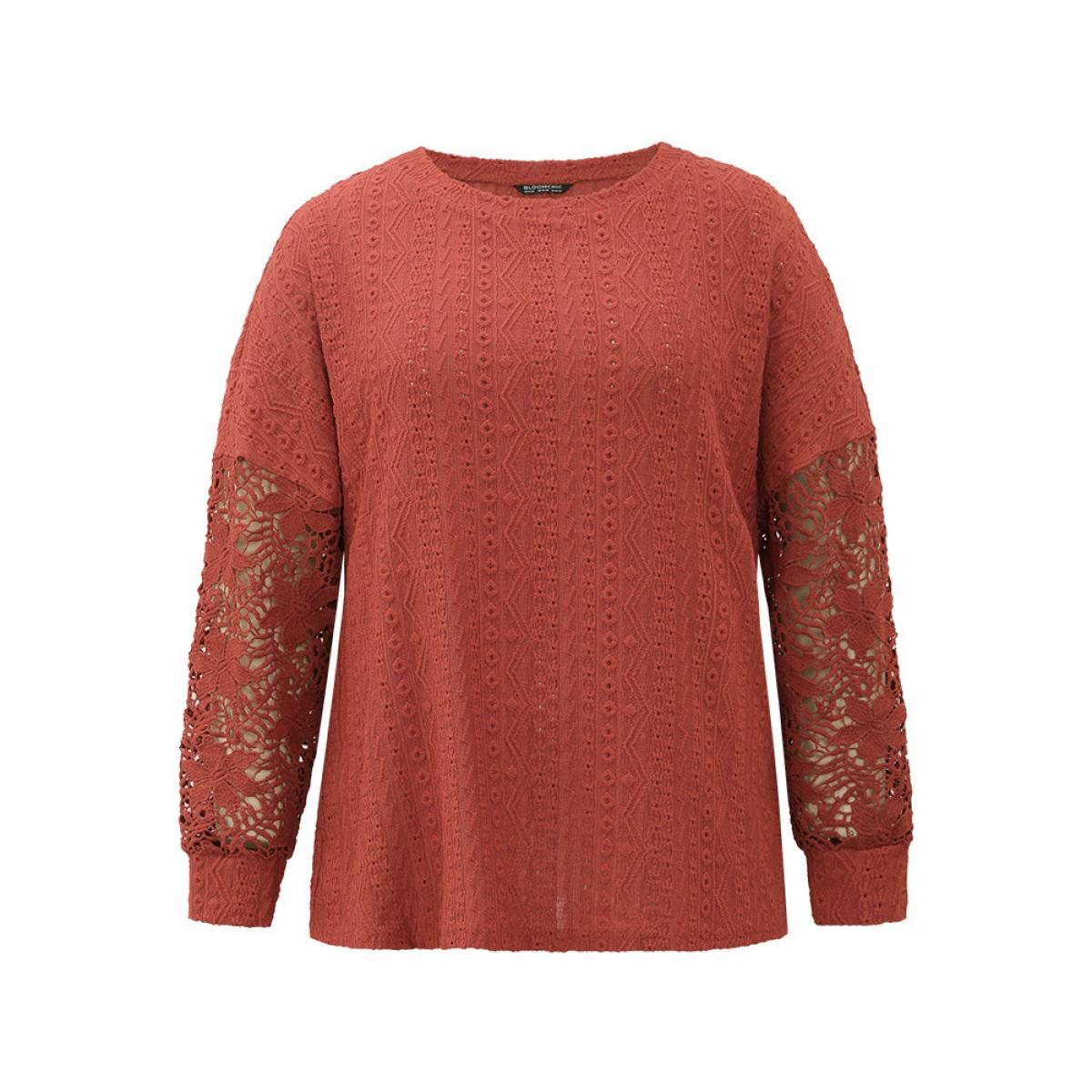 Plus Size Solid Plisse Guipure Lace T-shirt Rust Women Elegant Elastic cuffs Plain Round Neck Dailywear T-shirts BloomChic 18-20/2X Product Image