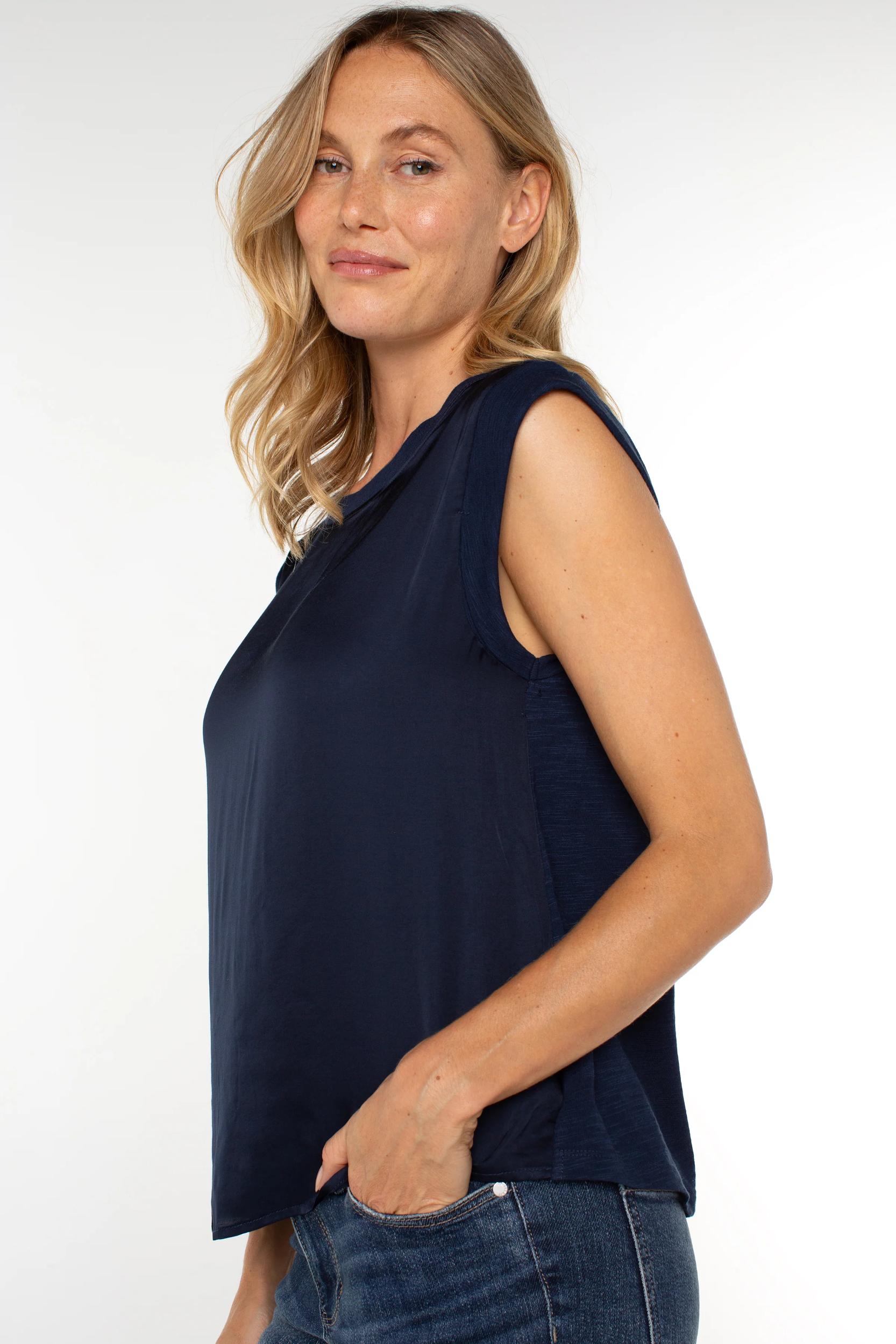Sleeveless Woven Knit Top- Dark Navy Product Image