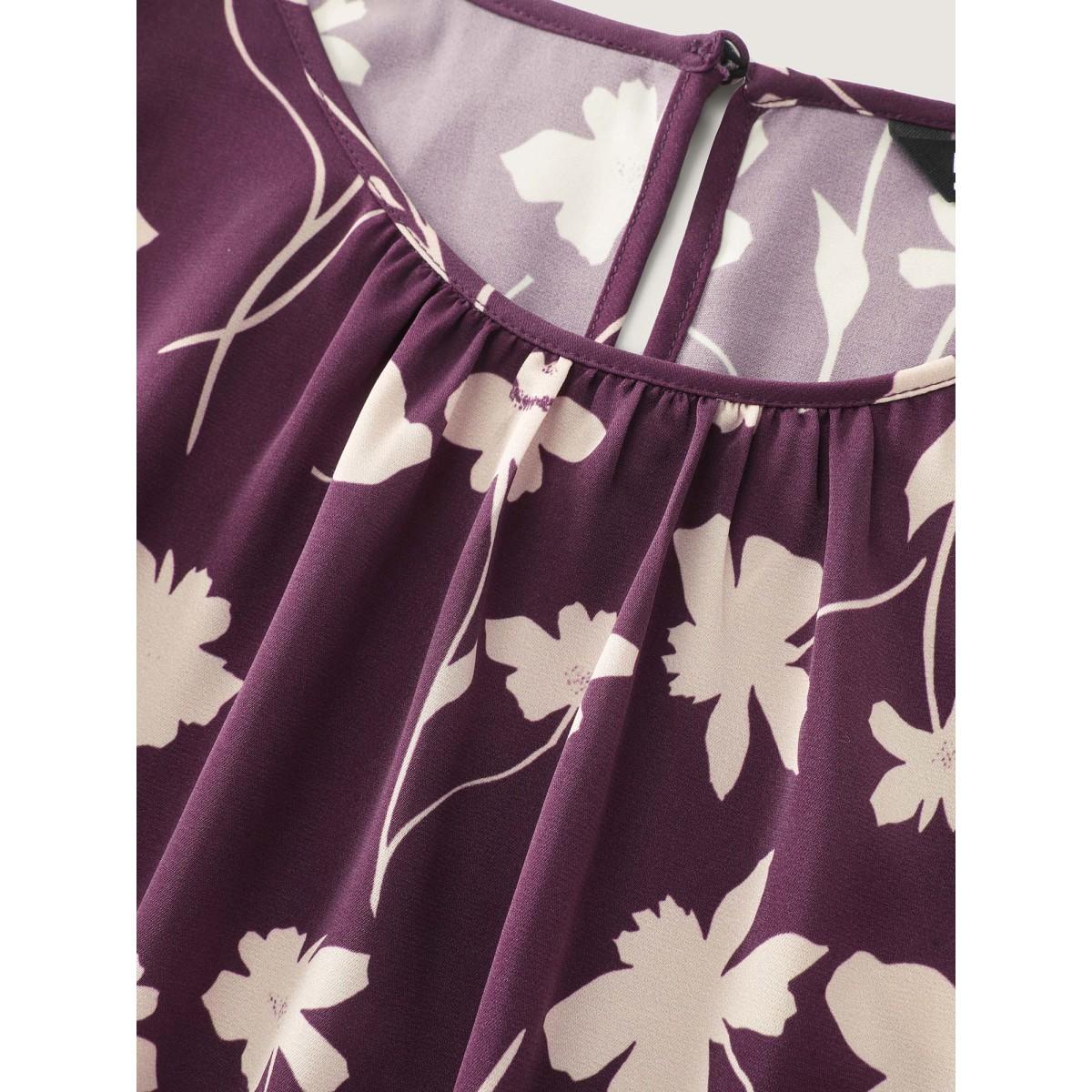 Plus Size Burgundy Floral Print Shirred Cuff Sleeve Blouse Women Office Long Sleeve Round Neck Office Blouses BloomChic 28/5X Product Image