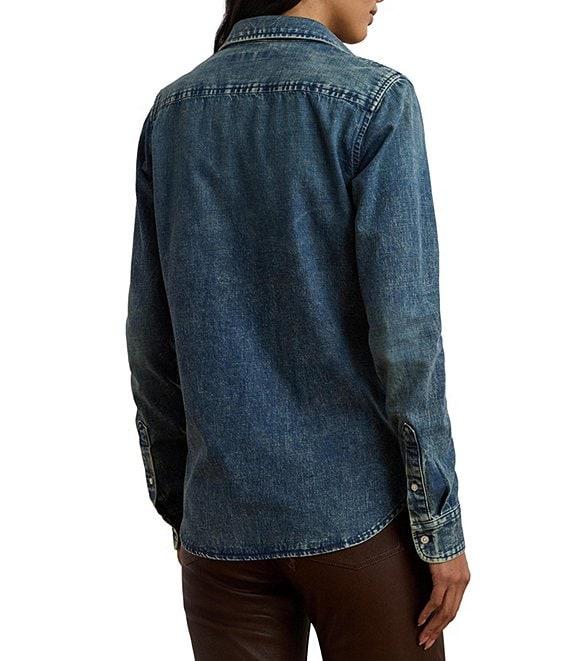 Lauren Ralph Lauren Petite Size Jamelko Point Collar Long Sleeve Classic Fit Denim Shirt Product Image