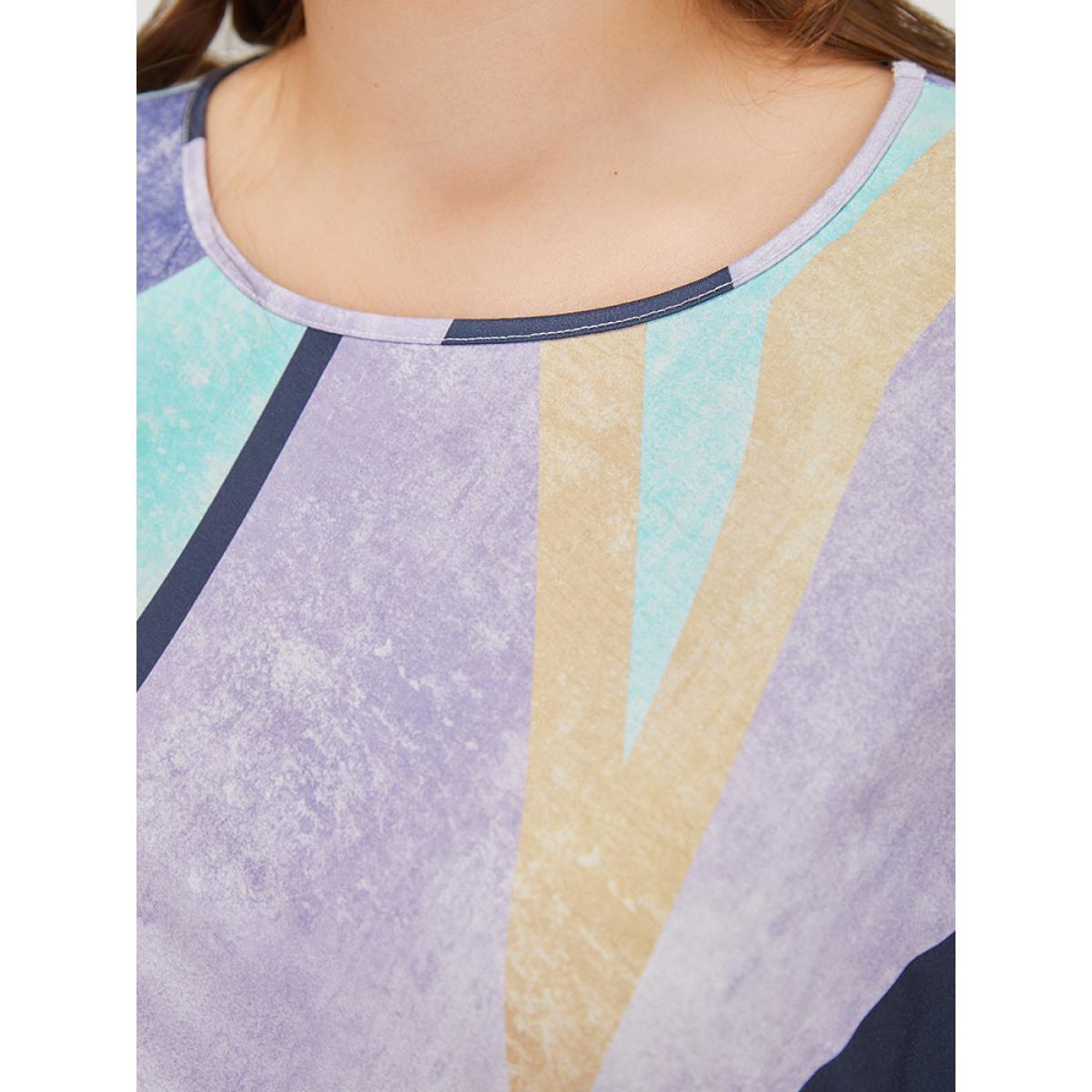 Plus Size Geometric Print Pocket Bowknot Contrast Dress Multicolor Women Casual Contrast Round Neck Short sleeve Curvy Knee Dress BloomChic 28/5X Product Image