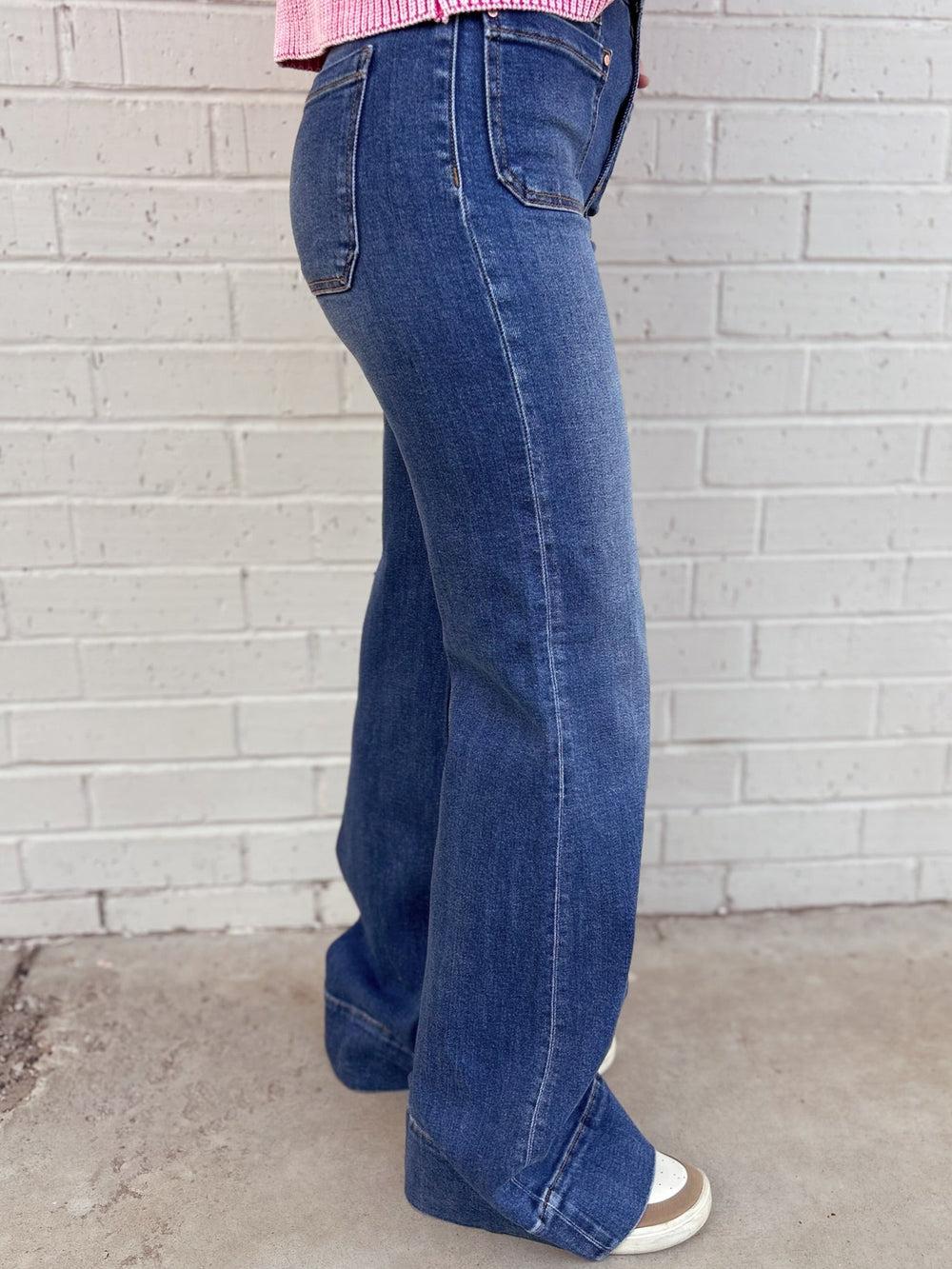 High Rise Wide Flare Patch Pocket Jeans Product Image