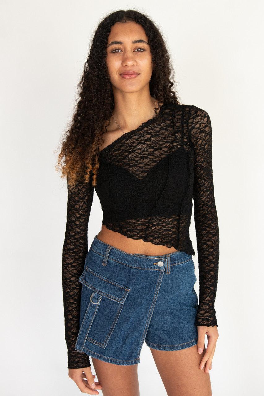 Long Sleeve Asymmetrical Lace Top Product Image