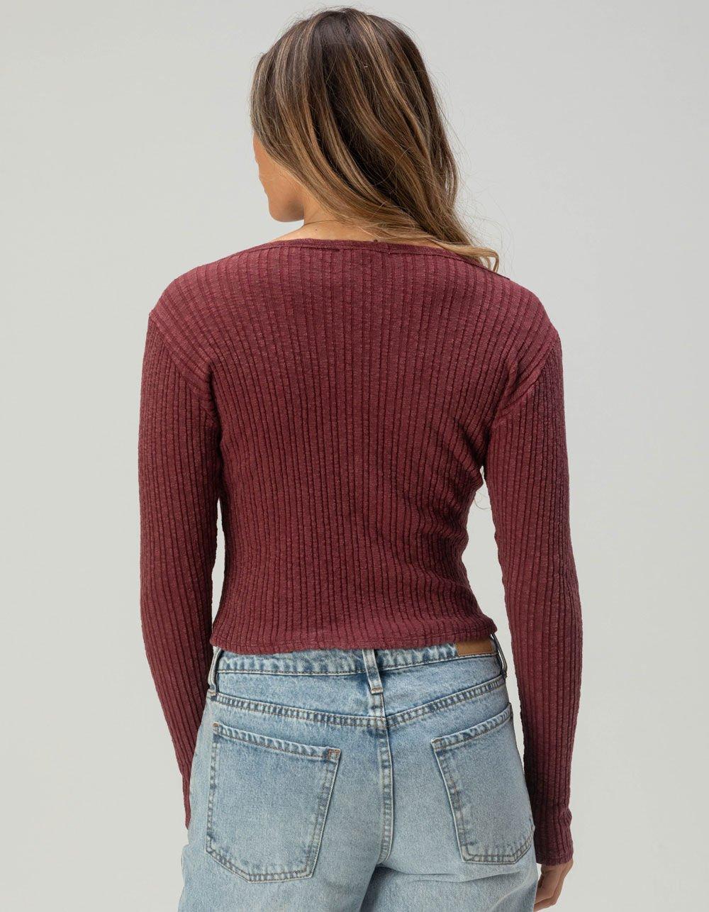 FULL TILT Womens Rib Long Sleeve Henley Top - BURGUNDY Product Image