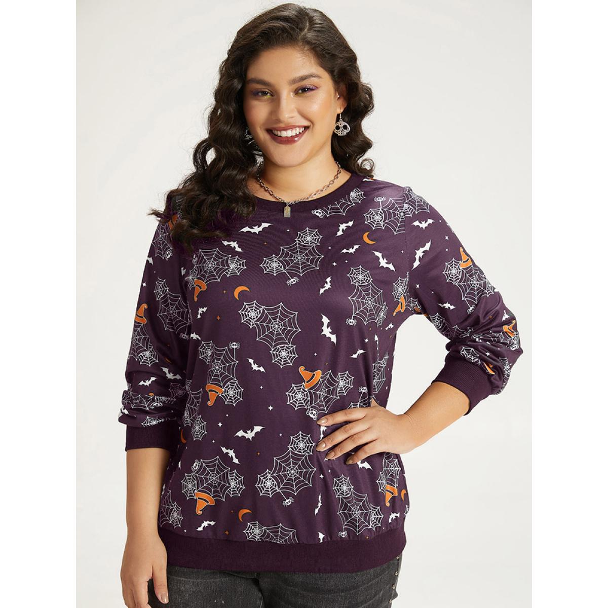 Plus Size Halloween Print Elastic Cuffs Round Neck Sweatshirt Women Purple Playful Elastic cuffs Round Neck Casual Sweatshirts BloomChic 12/L Product Image