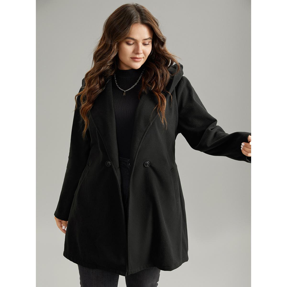 Plus Size Plain Belted Hooded Tunic Pocket Coat Women Black Casual Plain Ladies Dailywear Winter Coats BloomChic 18-20/2X Product Image