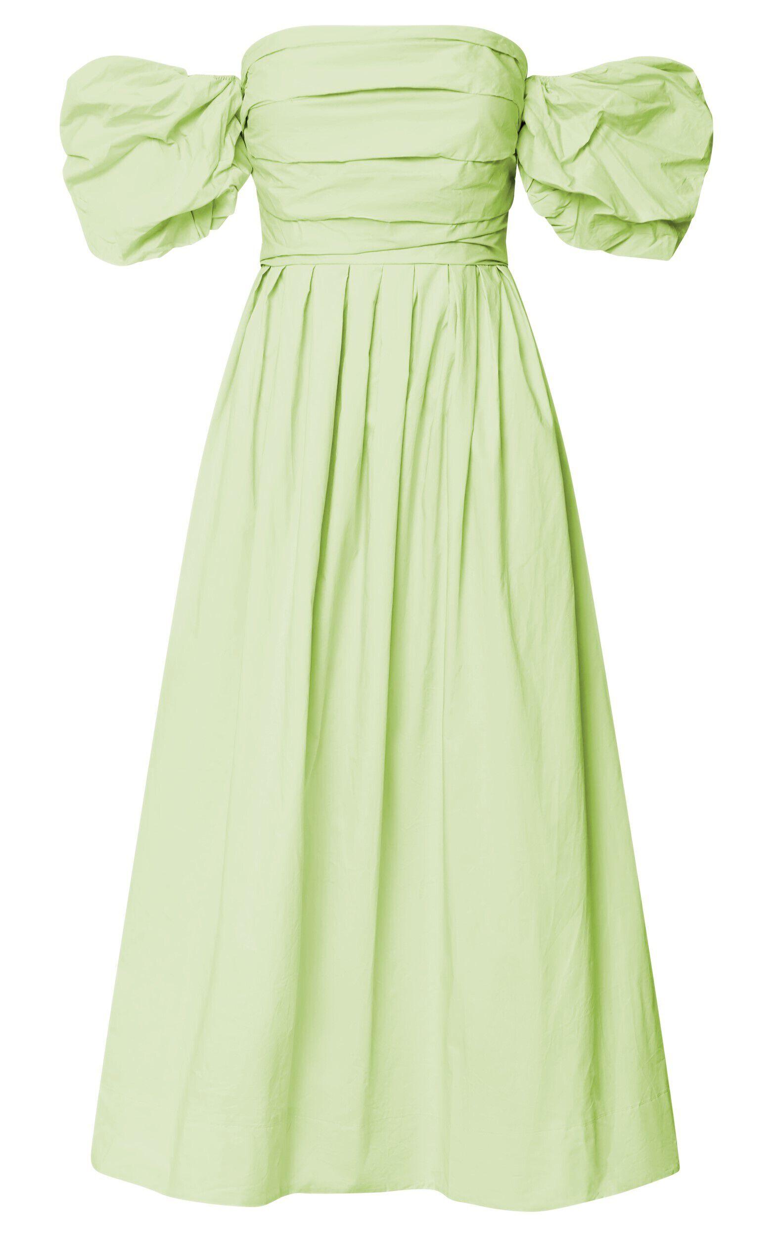 Annie Midi Dress - Off The Shoulder Ruffle Sleeve Pleated Dress in Lime Product Image