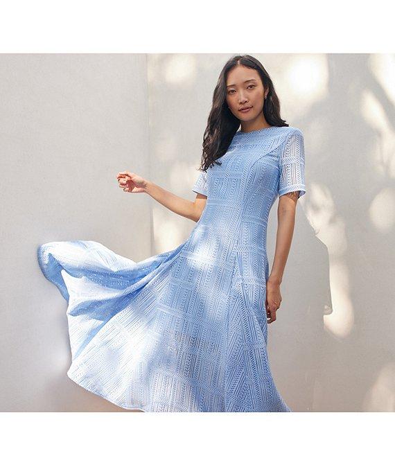 MISOOK Woven Lace Crew Neck Short Sleeve Fit-And-Flare Midi Dress Product Image