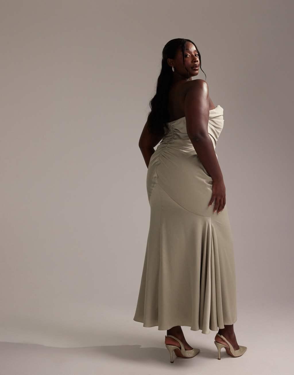 ASOS DESIGN Curve satin bandeau bridesmaid maxi dress in light green Product Image