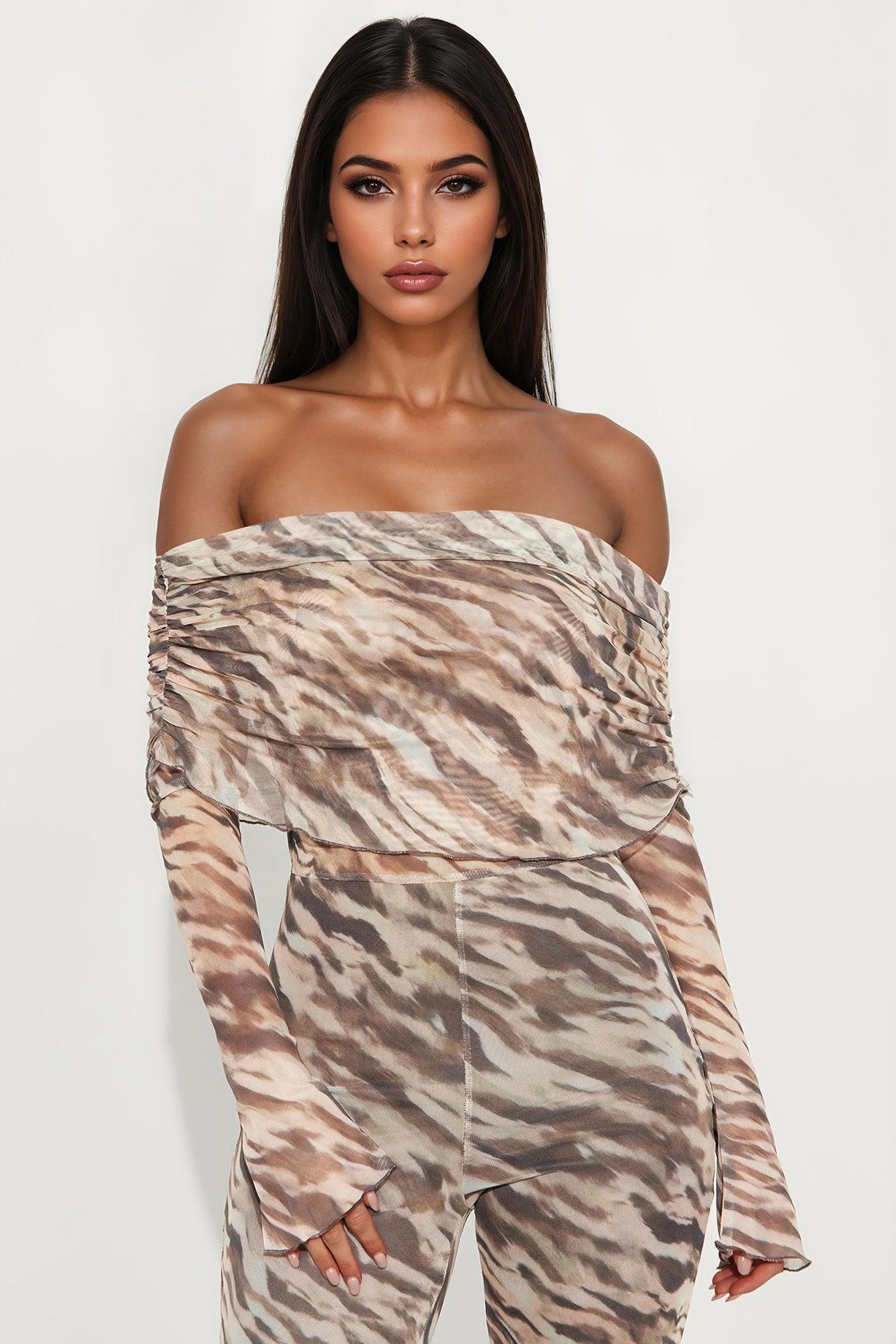 Getting Away Off Shoulder Mesh Jumpsuit - Mocha/combo Female Product Image